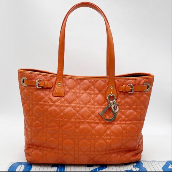 CHRISTIAN DIOR Lady Dior Canage Tote Bag Orange PVC Leather Auth - Picture 1 of 14